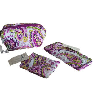 New QK Ladies Purple Paisley Quilted 3pc Makeup Bag, Glasses Case, Coin Wallet